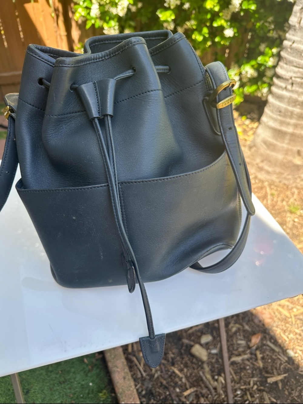 Coach Dark Blue Leather Drawstring Bucket Bag with Gold Buckle